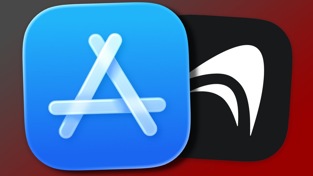 Large blue Apple App Store icon overlapping a smaller black-and-white curved logo on a red gradient background, suggesting app or software comparison or conflict.