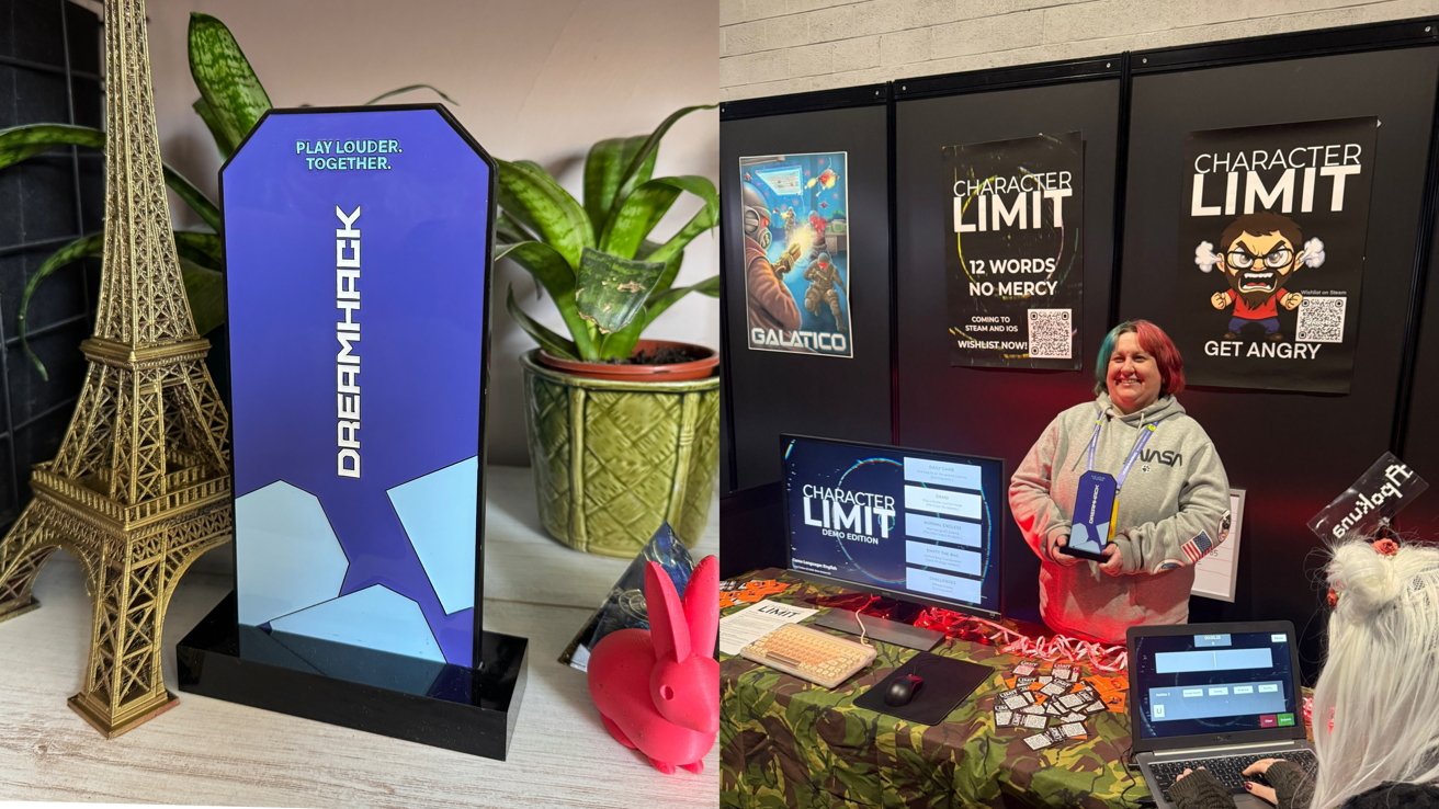 DreamHack trophy on a desk beside Eiffel Tower model, plant, and pink bunny; at a convention booth, smiling person holds same trophy near Character Limit game displays and posters