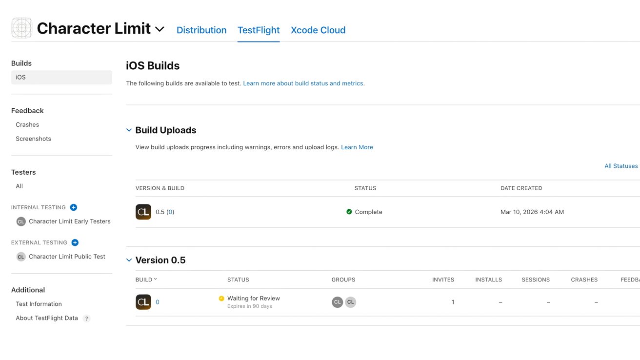 Apple TestFlight dashboard showing Character Limit app iOS builds, with version 0.5 upload complete and build 0 waiting for review, including tester groups, invites, installs, and status details