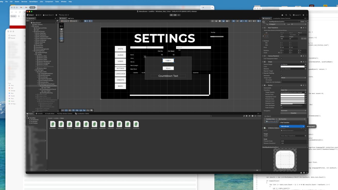 Unity editor on a Mac showing a black settings menu UI with white buttons and text, surrounded by panels for hierarchy, inspector, console, project assets, and background code windows
