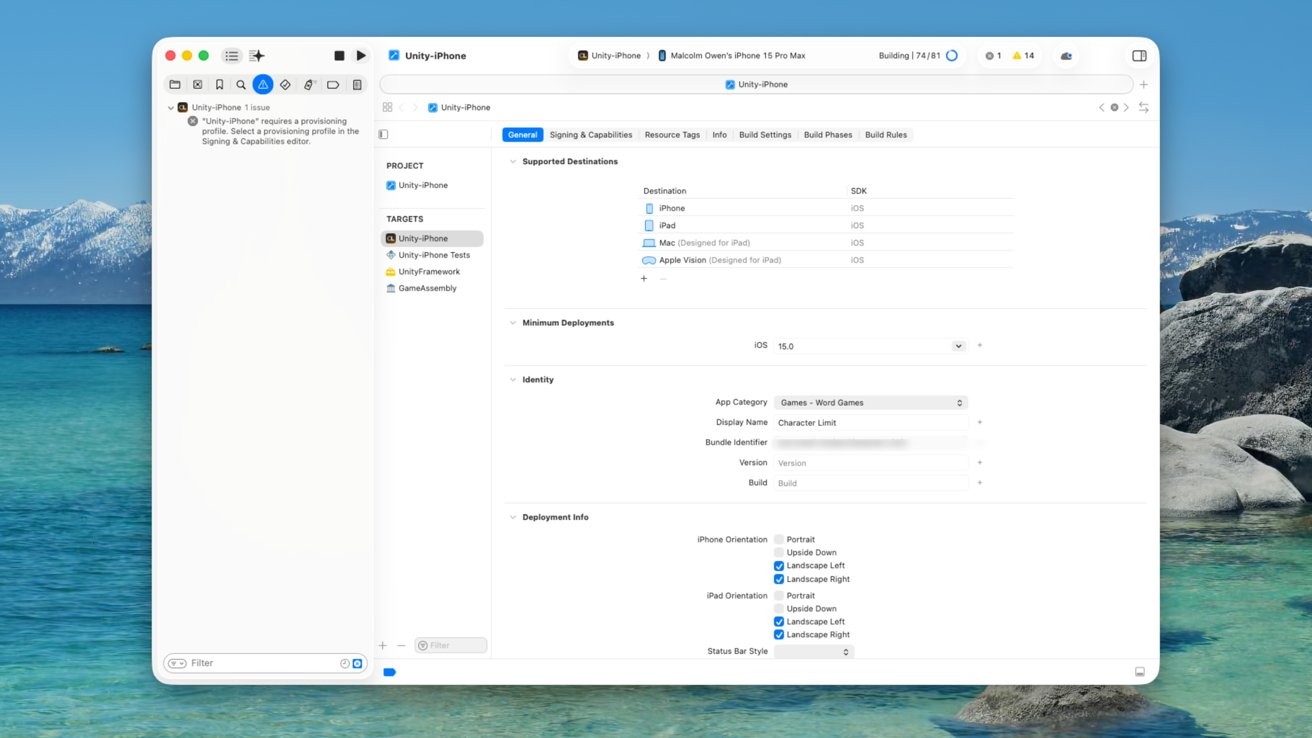 Mac desktop with Xcode open, showing UnityiPhone project build settings and provisioning warning, against a scenic wallpaper of clear turquoise lake water, rocks, and snowcovered mountains.