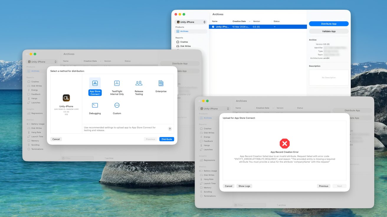 Mac desktop showing Xcode Archives windows for a Unity iPhone app, including distribution options and a centered red error dialog about an App Store Connect app record creation failure
