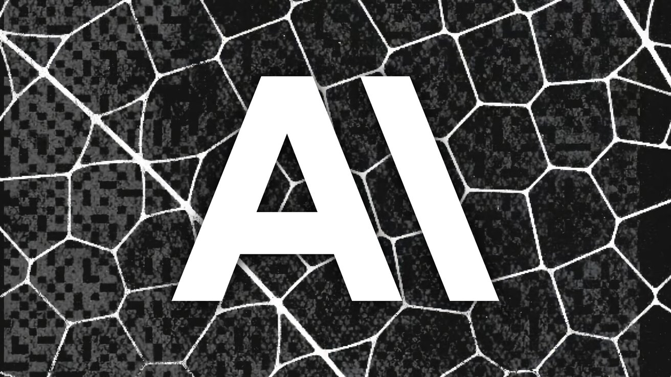 Bold white letters AI centered on a dark mosaic background of irregular polygon cells outlined in bright white, creating a high contrast tech or digital themed design