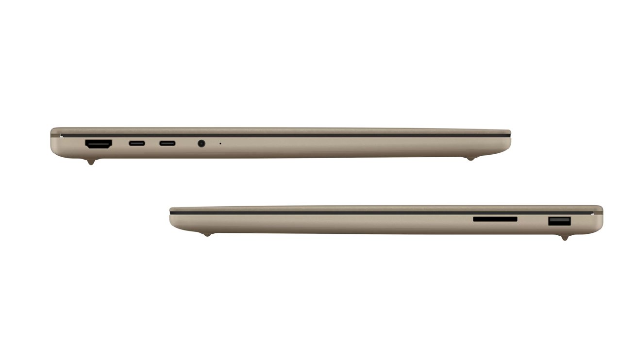 Side views of a closed slim beige laptop, showing HDMI, USB-C, audio jack on one side and SD card slot plus USB-A port on the other against white background