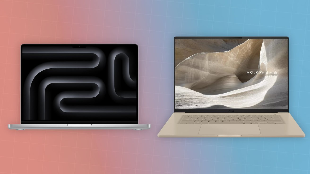 Two open laptops side by side: a dark Apple MacBook Pro on the left with abstract screen, and a beige ASUS Zenbook on the right showing a canyon landscape, gradient background.