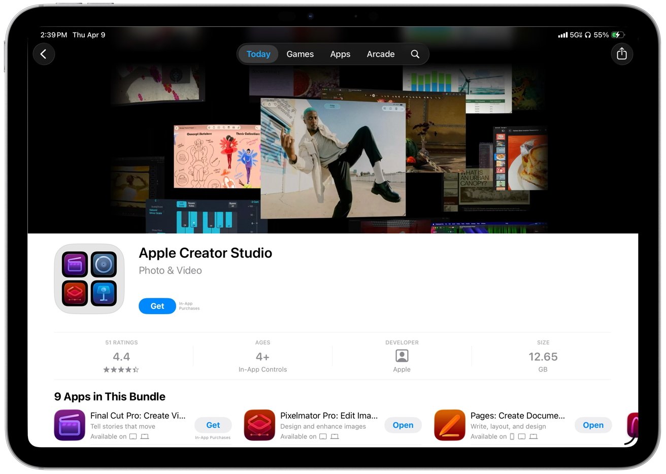 iPad screen showing App Store page for Apple Creator Studio bundle, with colorful preview thumbnails above and app details, rating, size, and included creative apps listed below