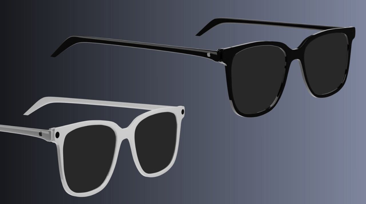 Two pairs of modern rectangular sunglasses, one black and one white, float against a dark gradient background, shown from a slight angle highlighting their thick frames and arms