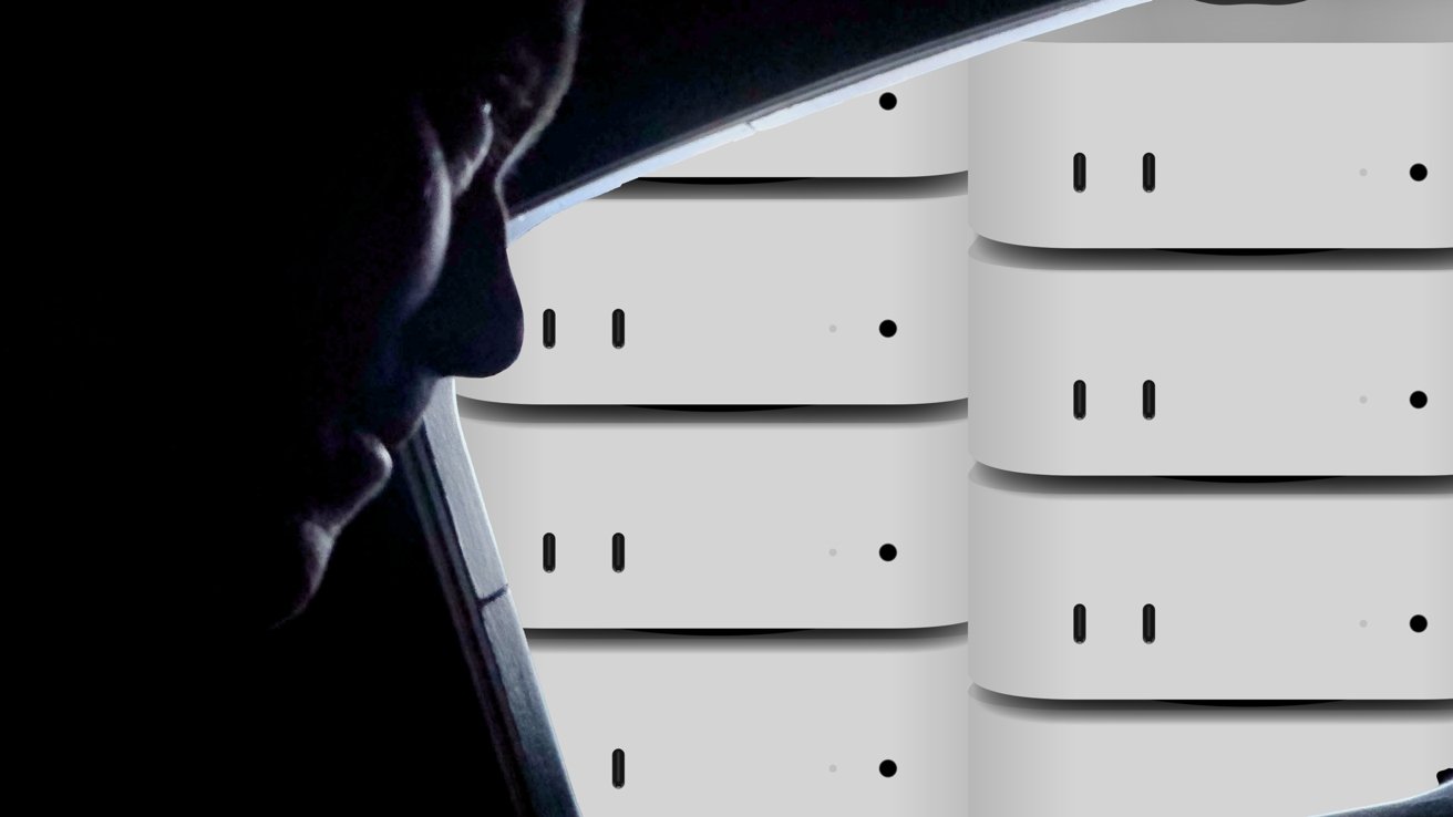 Silhouetted person in shadow peers through a narrow opening toward a brightly lit wall of stacked silver computer mini desktops with ports and indicator lights