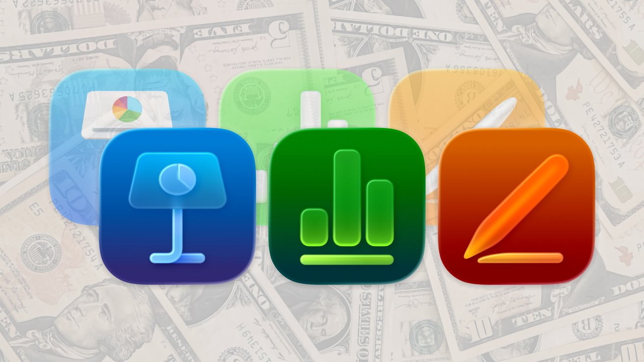 Colorful Apple productivity app icons for presentations, spreadsheets, and documents arranged in a row against a faded background of overlapping US dollar bills