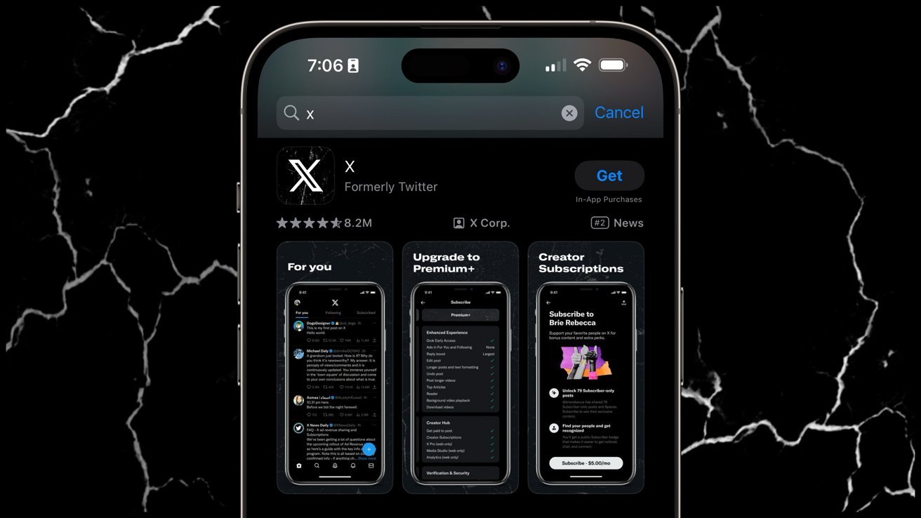 Smartphone screen showing the App Store page for X, formerly Twitter, with dark-themed interface previews and options for upgrading to Premium and Creator Subscriptions against a cracked black background