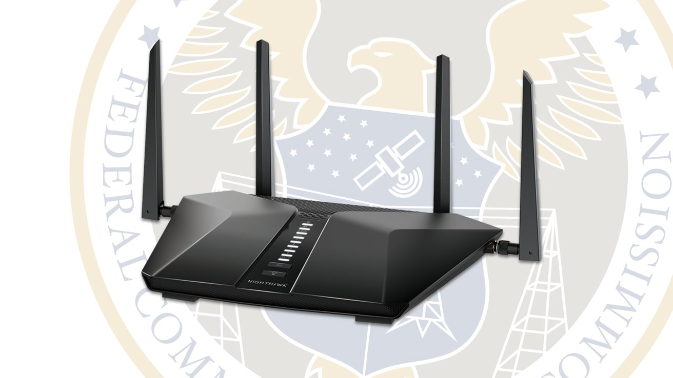 Black Nighthawk WiFi router with four upright antennas centered over a faded Federal Communications Commission seal featuring an eagle, stars, and a satellite icon in the background