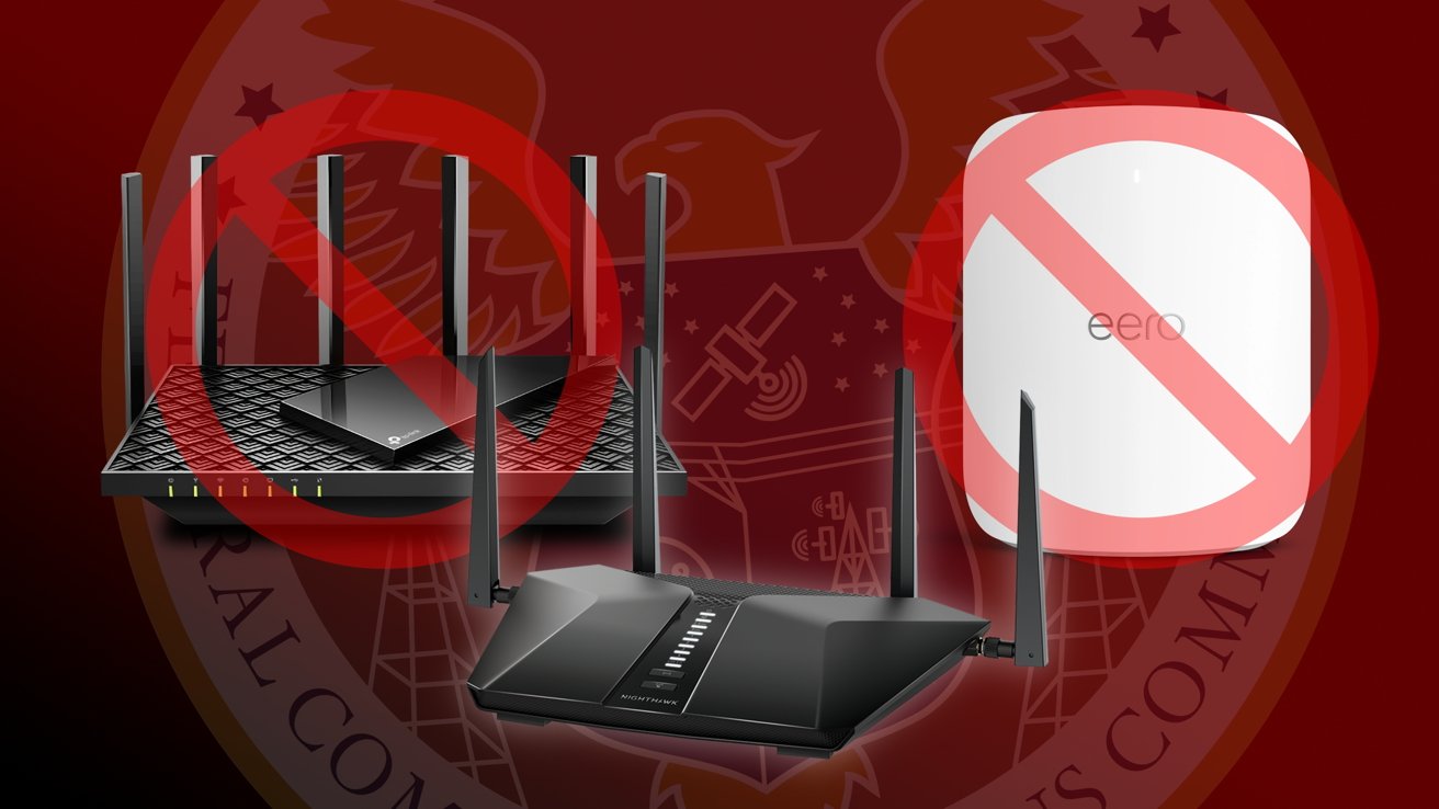 Several Wi-Fi routers and a white Eero device over a red background with an FCC seal, all crossed out by large red prohibition symbols, suggesting banned or restricted networking equipment