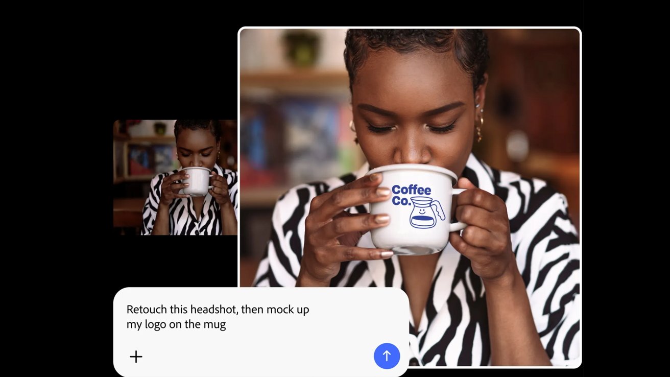 Woman in a zebra-print shirt sipping from a white Coffee Co. logo mug, shown as a before-and-after photo edit with text prompt requesting retouching and logo mockup