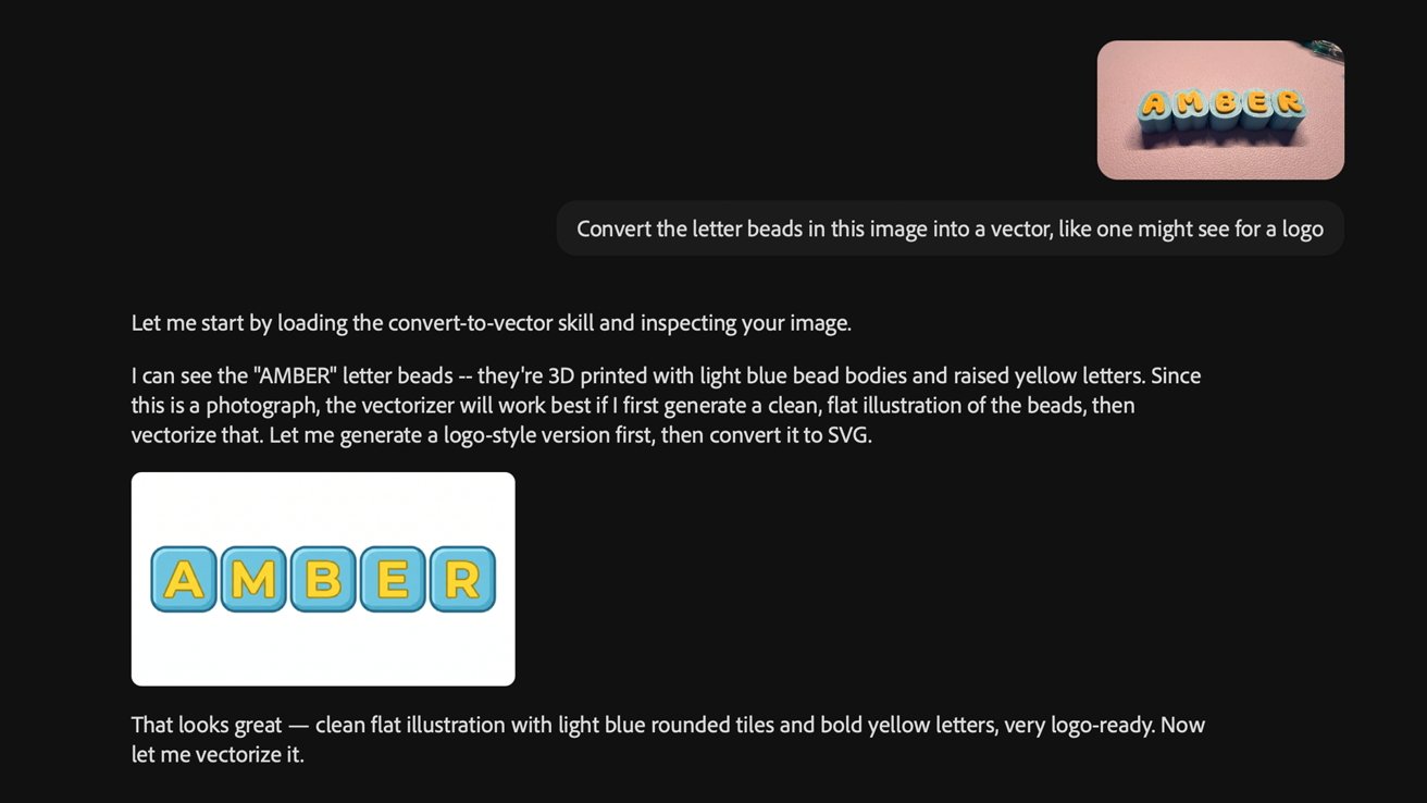 Screenshot of a design tool converting 3D letter beads spelling AMBER into a flat vector logo with rounded light blue tiles and bold yellow letters on a clean white background