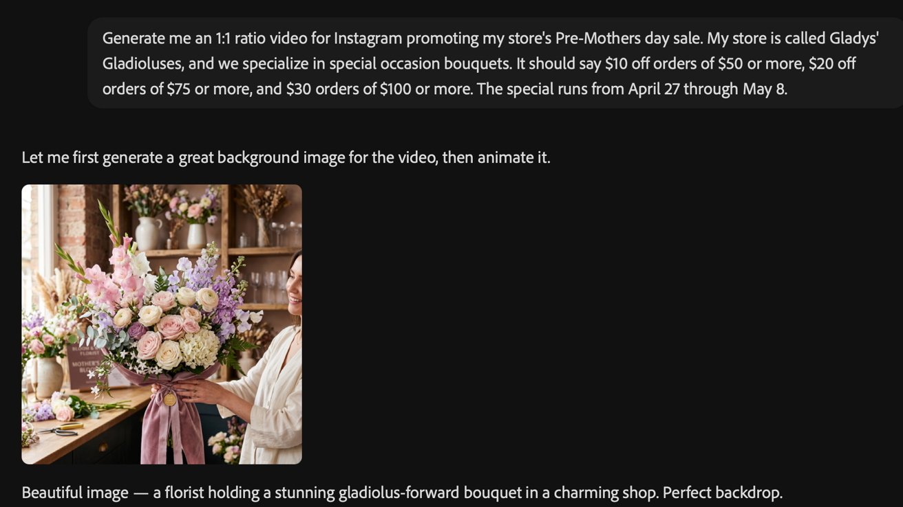 Screenshot of a chat interface showing a request for an Instagram preMother's Day sale video, above a photo of a smiling florist holding a large pastel flower bouquet in a cozy shop