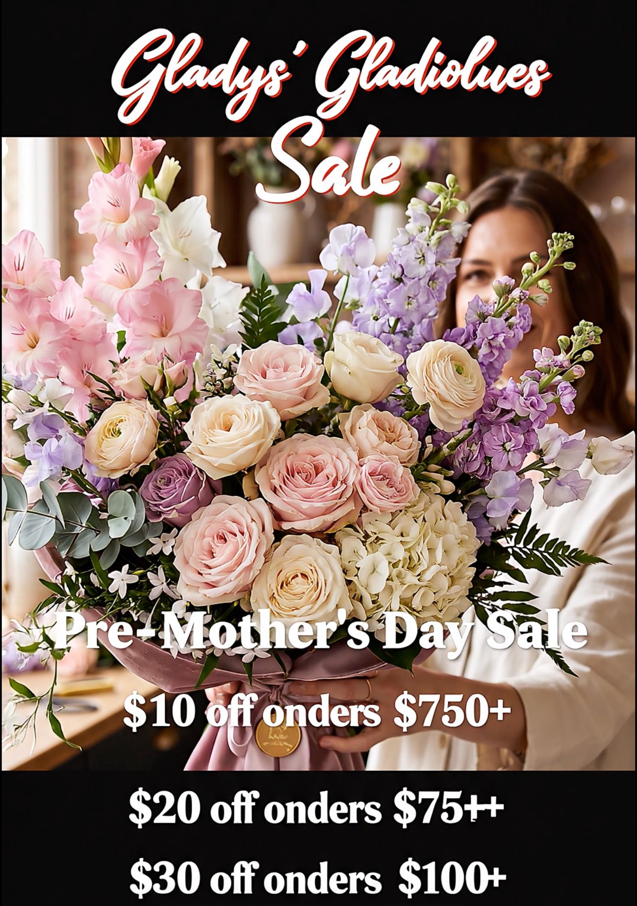 Large pastel flower bouquet with roses, gladiolus, and greenery, held by a smiling florist, overlaid text advertising Gladys Gladiolues pre-Mother's Day sale with tiered dollar discounts on orders