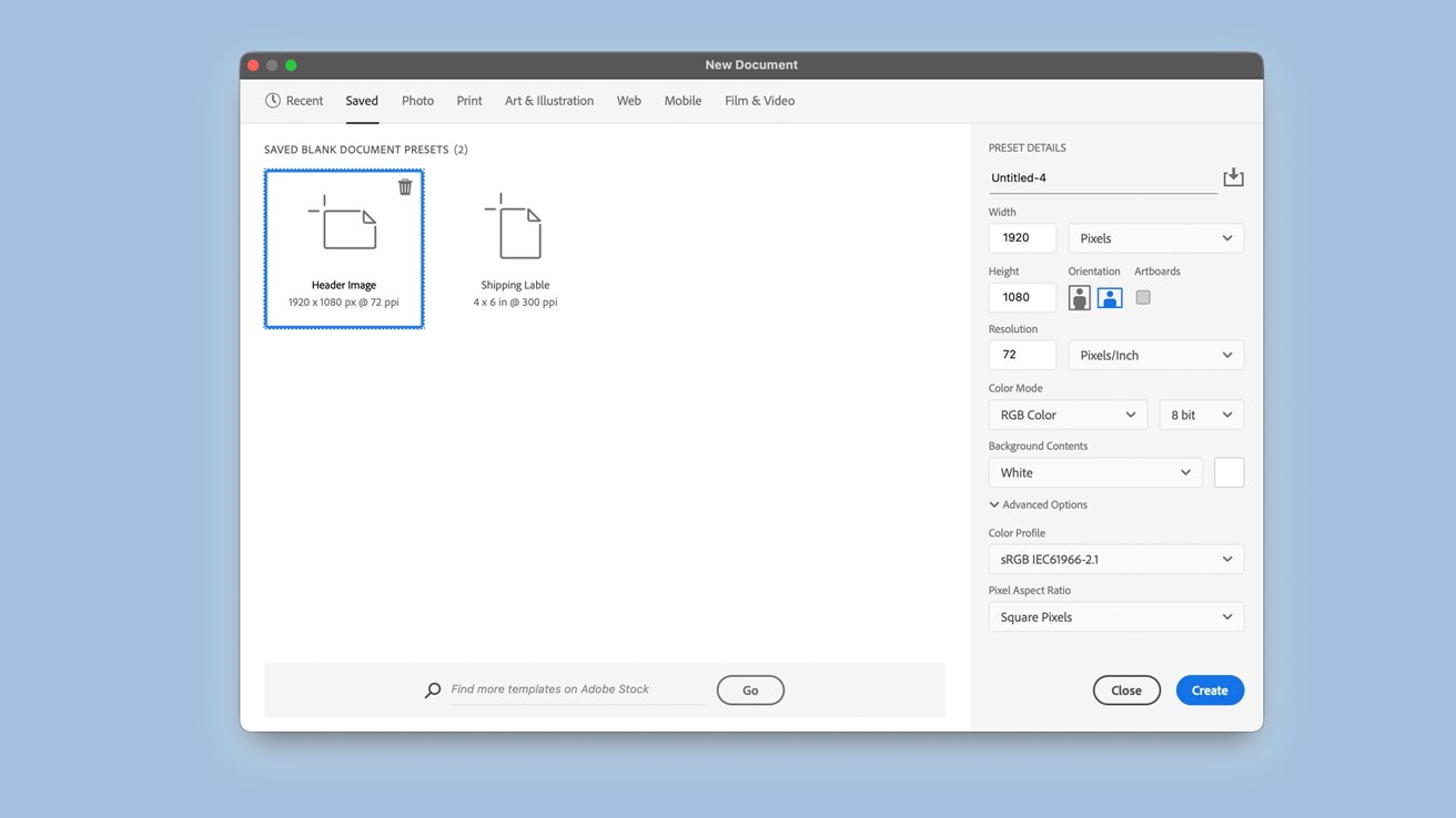 Adobe Photoshop New Document window showing saved presets for header image and shipping label on the left, with detailed width, height, resolution, color, and background settings panel on the right