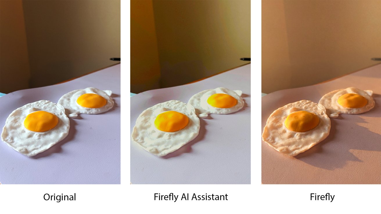 Sidebyside comparison of two toy fried eggs on a pink surface under warm indoor lighting, shown in three versions labeled Original, Firefly AI Assistant, and Firefly