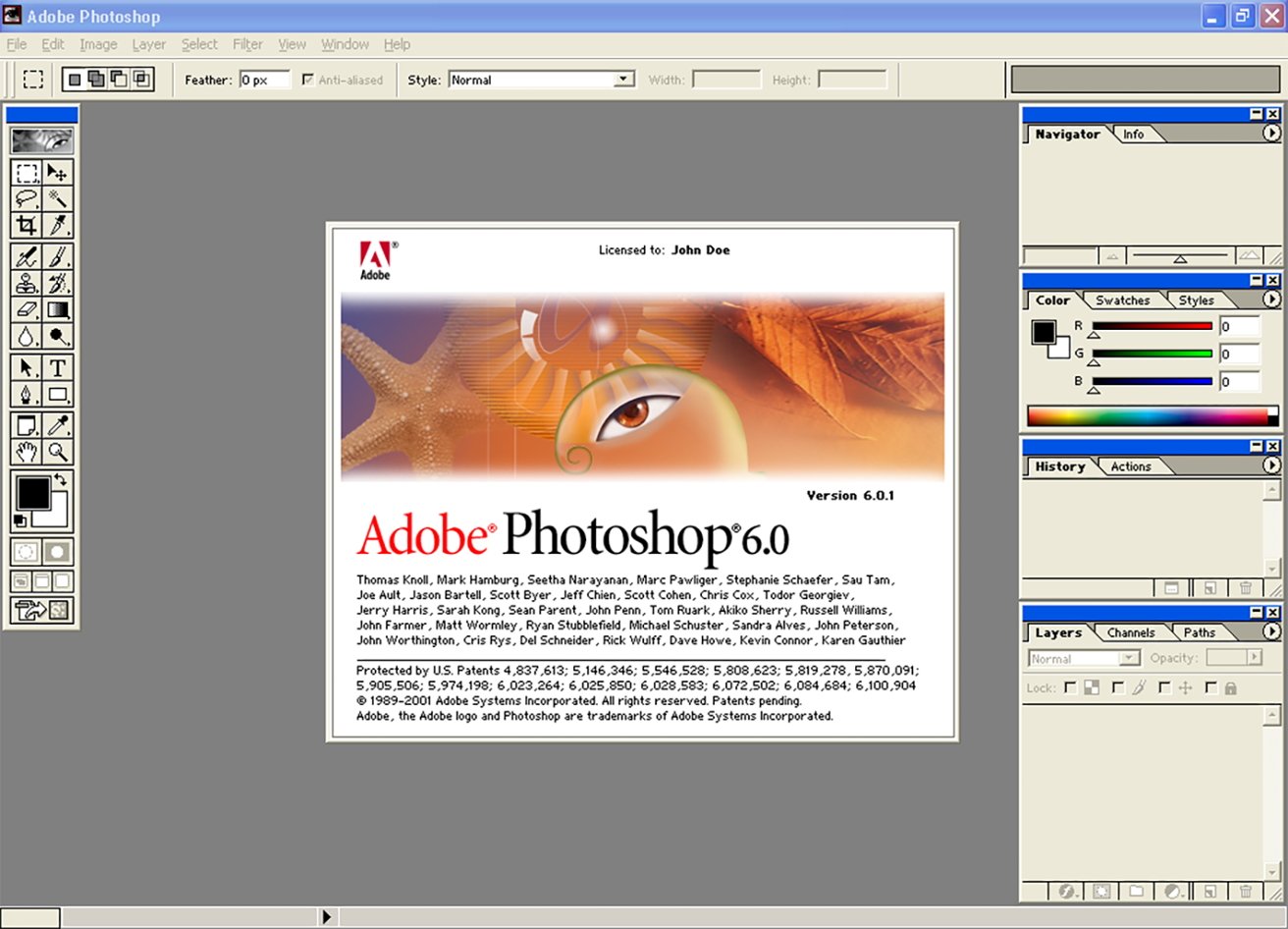 Adobe Photoshop 6.0 startup screen on a Windows desktop, showing the splash screen with artwork and credits, classic toolbar on the left, and Navigator, Color, History, Layers panels on the right