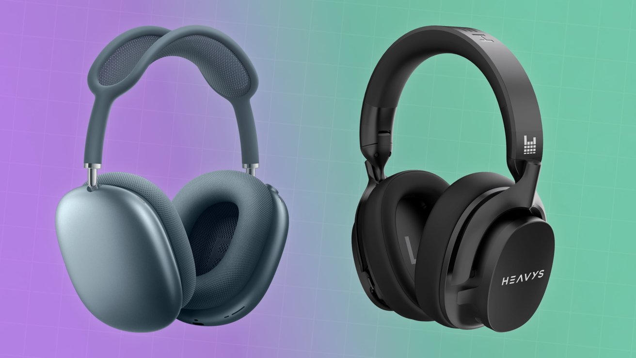 Two modern over ear headphones side by side: matte teal pair with rounded cups on the left, sleek black Heavys branded pair on the right, against a purple to green gradient background