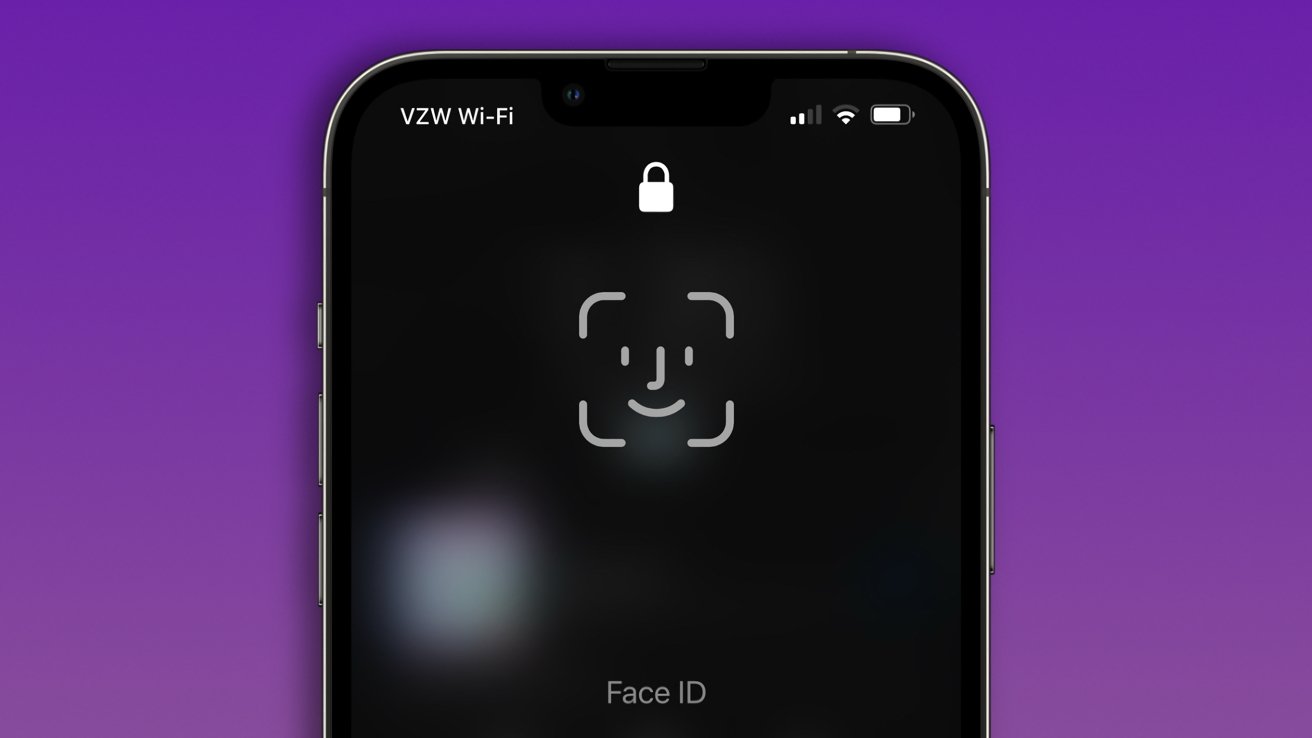 Close-up of an iPhone lock screen showing a locked padlock and large Face ID smiley icon on a dark display, against a purple gradient background.