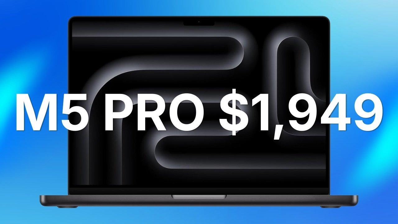 Open MacBook Pro 14-inch laptop with abstract dark wavy pattern on its screen against a blue gradient background, featuring large white text reading M5 PRO $1,949 across the display