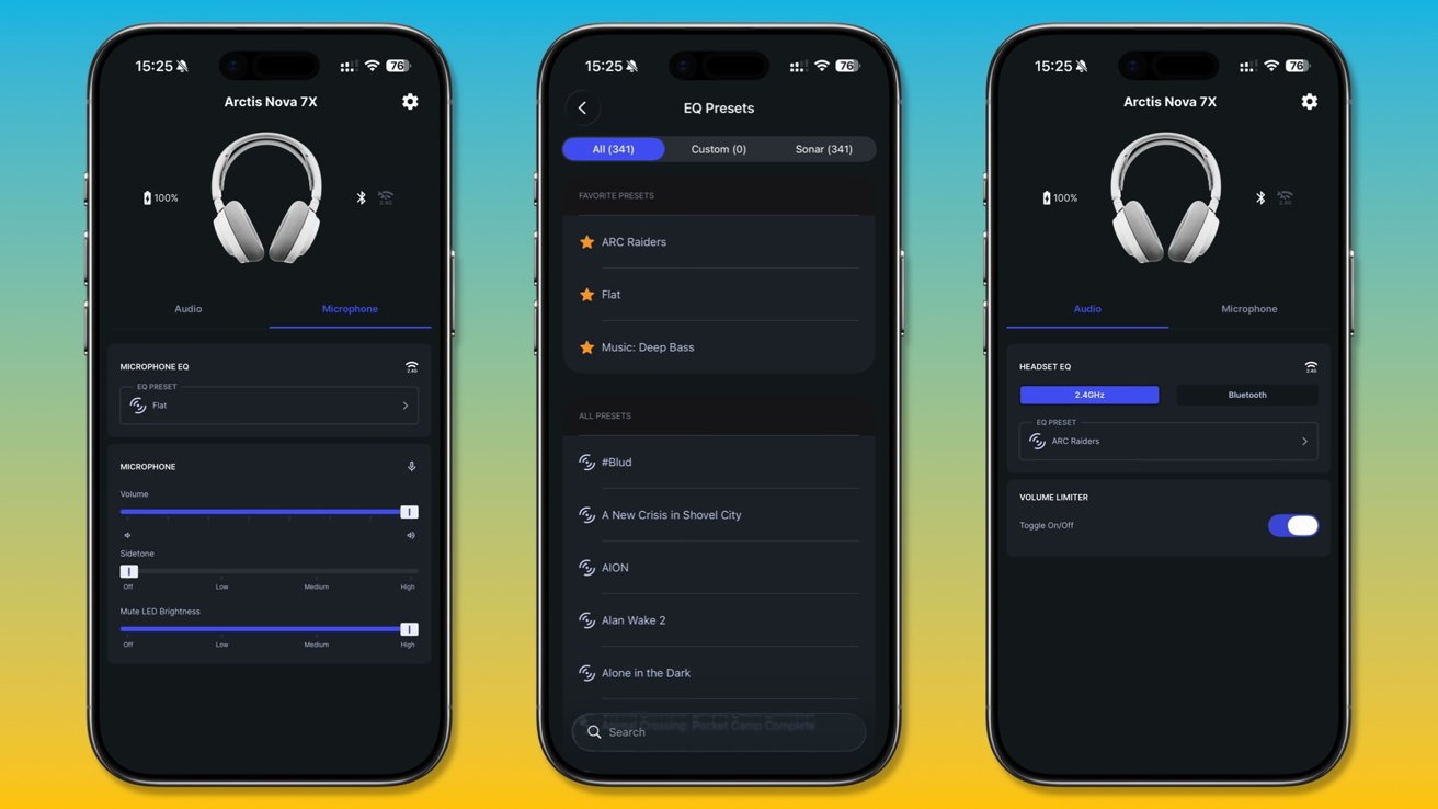 Three smartphones display a dark-themed headset control app with Arctis Nova 7X settings, including audio and microphone EQ sliders, EQ presets list, volume limiter toggle, and wireless connection indicators