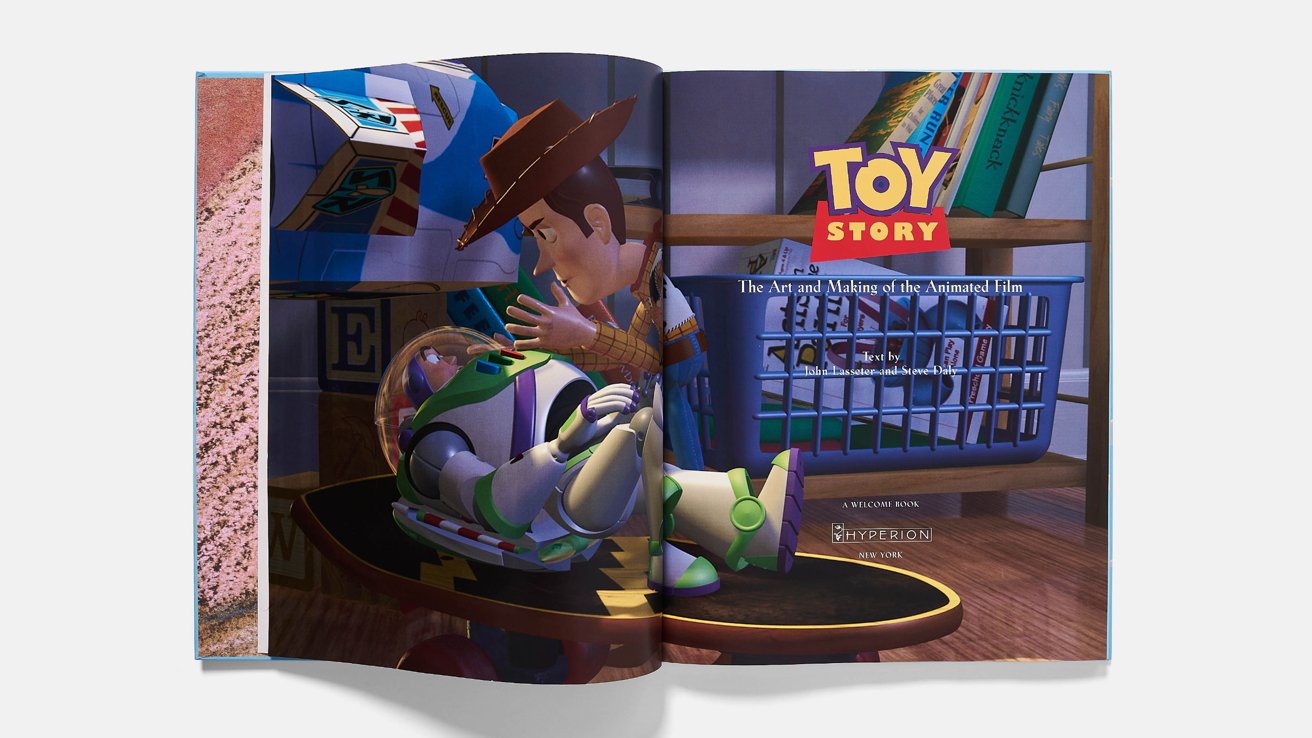 Open book spread showing Toy Story scene with Woody leaning over Buzz Lightyear on a toy racetrack in a child's room, with Toy Story title text on the right page