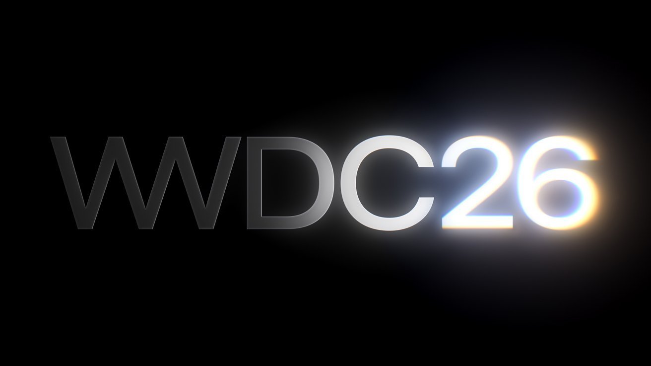 Large glowing text WWDC26 on a dark background, with the numbers 26 brightly lit and surrounded by a soft multicolored light flare