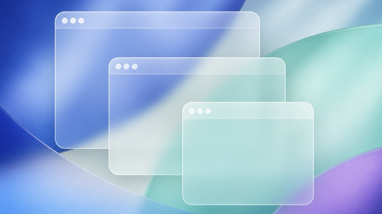 Three overlapping translucent browser-style windows with rounded corners float over a soft abstract background of blue, teal, and purple gradients and curved shapes