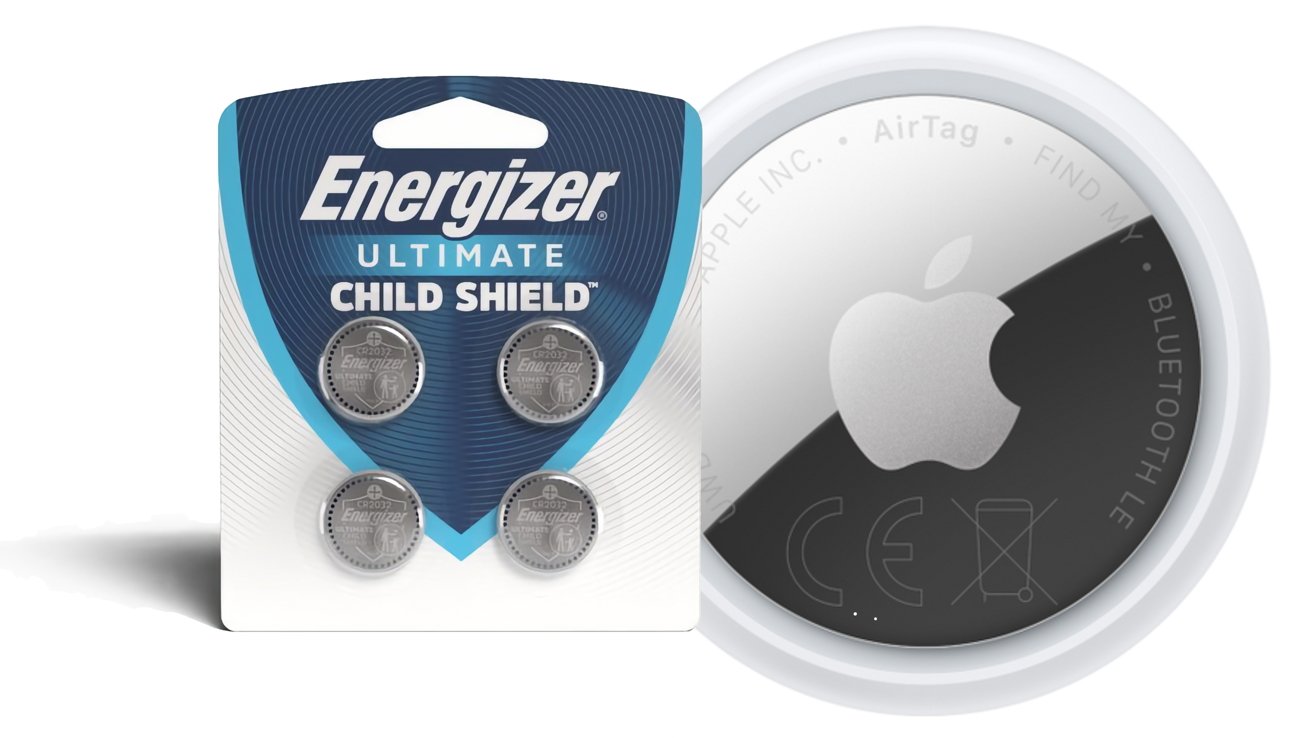 Package of Energizer Ultimate Child Shield coin batteries displayed beside an Apple AirTag tracker, emphasizing child-safe batteries for use in small electronic tracking devices