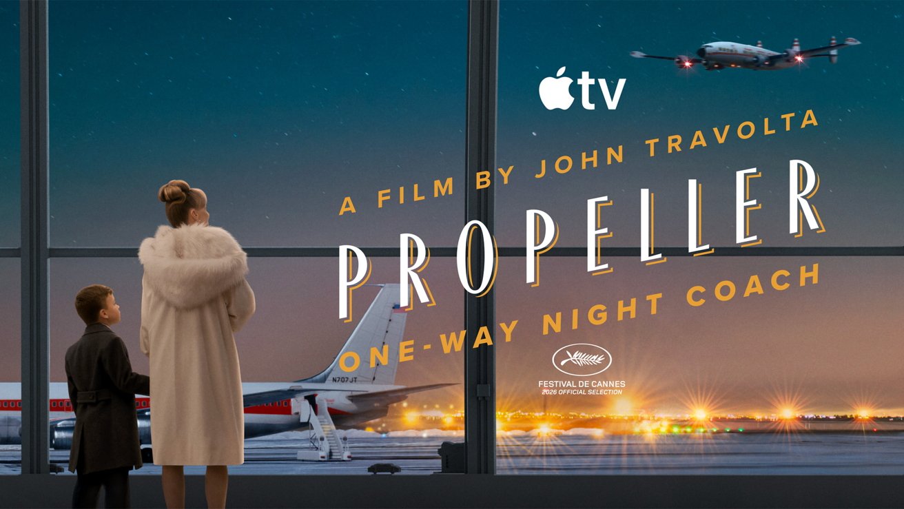 Woman in fur-collared coat and young boy watch airplanes at night airport; propeller plane takes off, runway lights glow, and bold text promotes Apple TV film Propeller by John Travolta