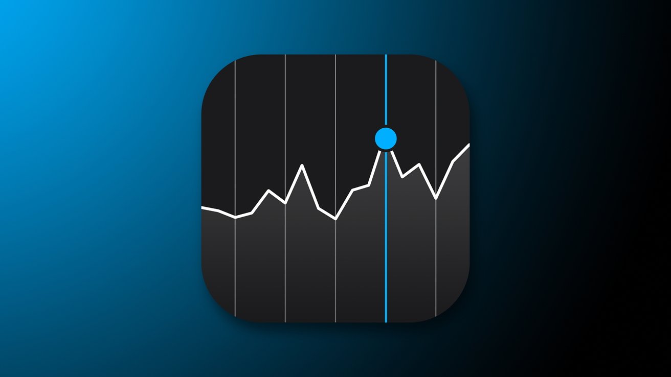 Black rounded square app icon showing a jagged white line graph with vertical grid lines and a highlighted blue vertical line and dot, on a blue gradient background