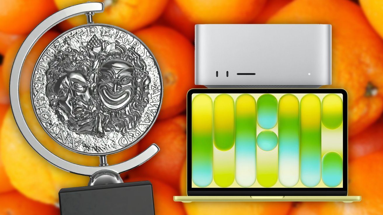 Tony Award medallion beside a sleek silver desktop computer and open laptop with colorful abstract screen, all set against a bright background of oranges.