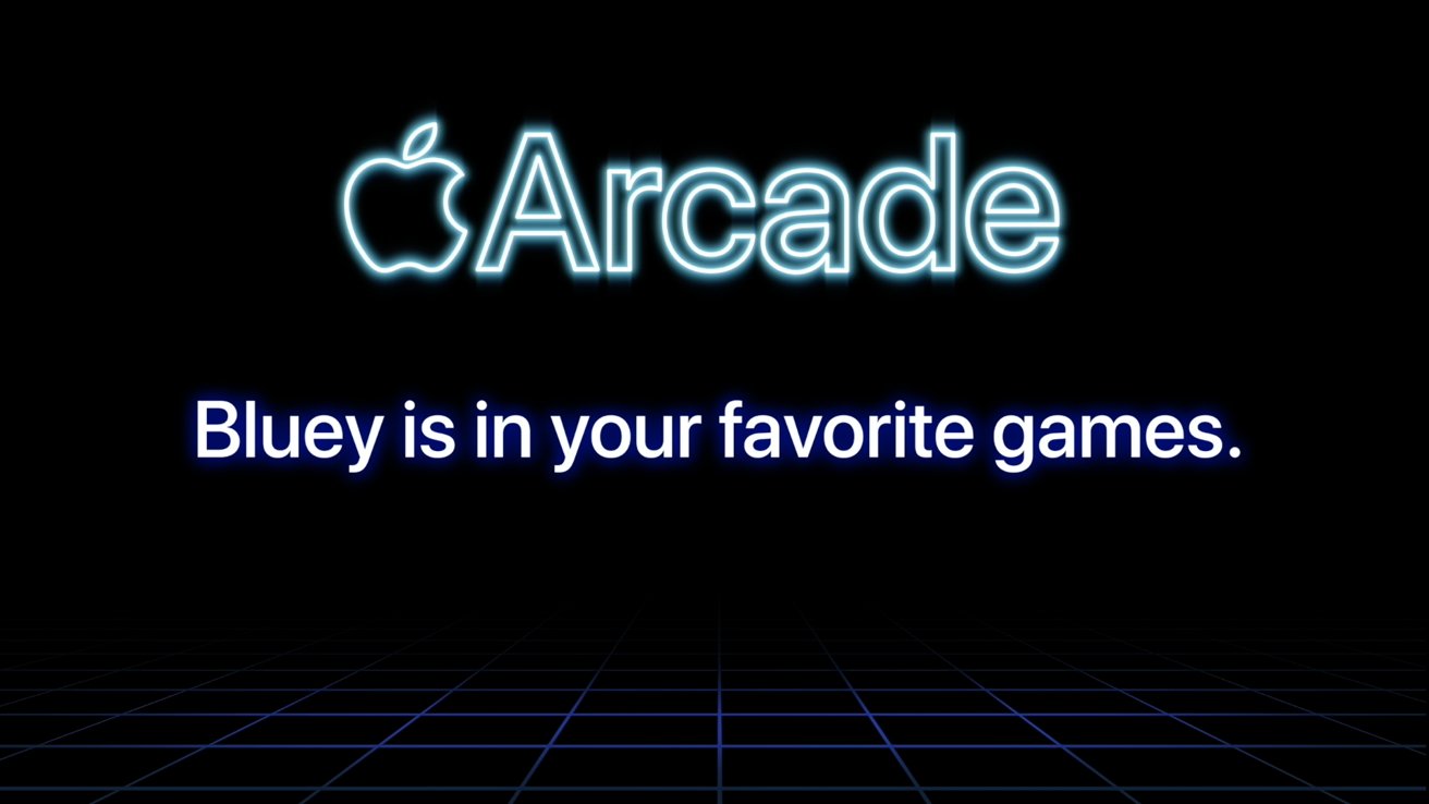 Neon Apple Arcade logo on a black background with gridlines below, and glowing blue text reading Bluey is in your favorite games