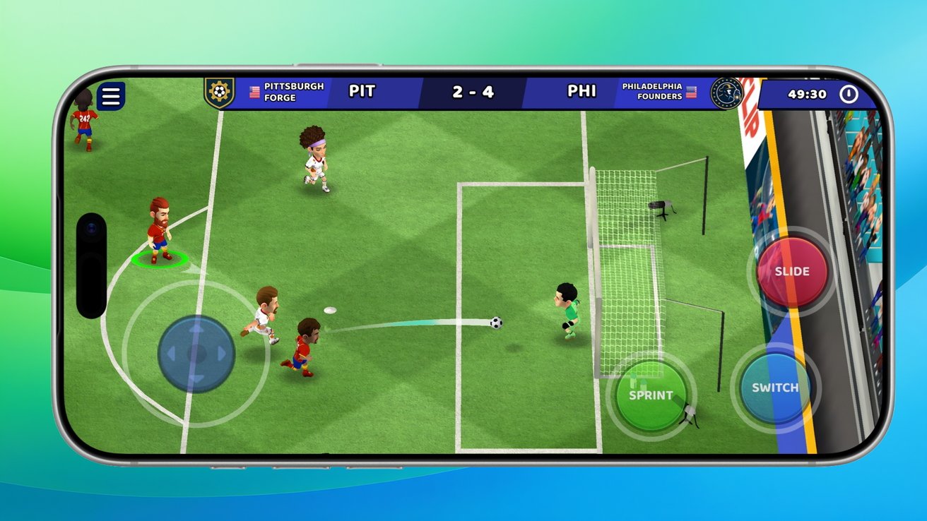 Mobile phone screen showing a colorful cartoon soccer video game, with players near the goal, goalkeeper approaching a flying ball, virtual joystick and buttons labeled slide, sprint, switch visible