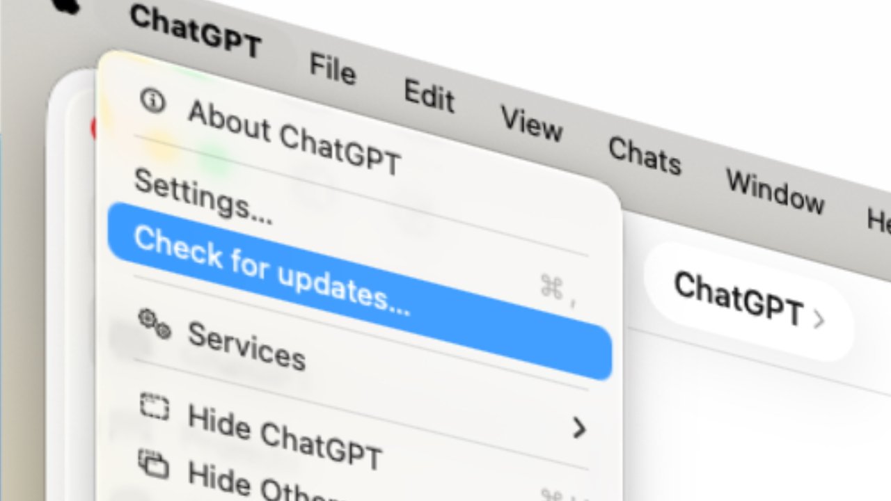 Mac desktop menu bar showing ChatGPT app menu open, with options like About, Settings, and a highlighted Check for updates item, plus standard File, Edit, View, Chats, Window, Help menus.
