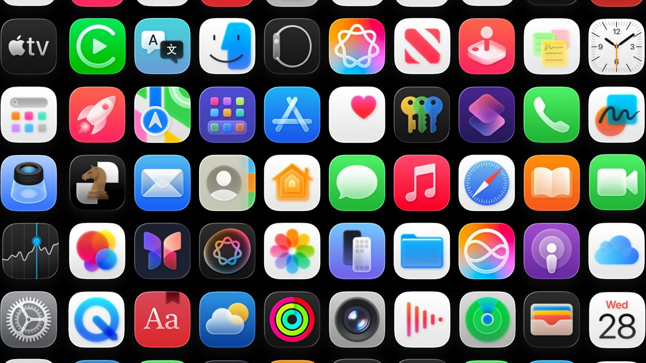 Colorful grid of rounded square app icons on a black background, including music, photos, maps, messages, calendar, settings, and other generic technology-related symbols arranged in neat rows