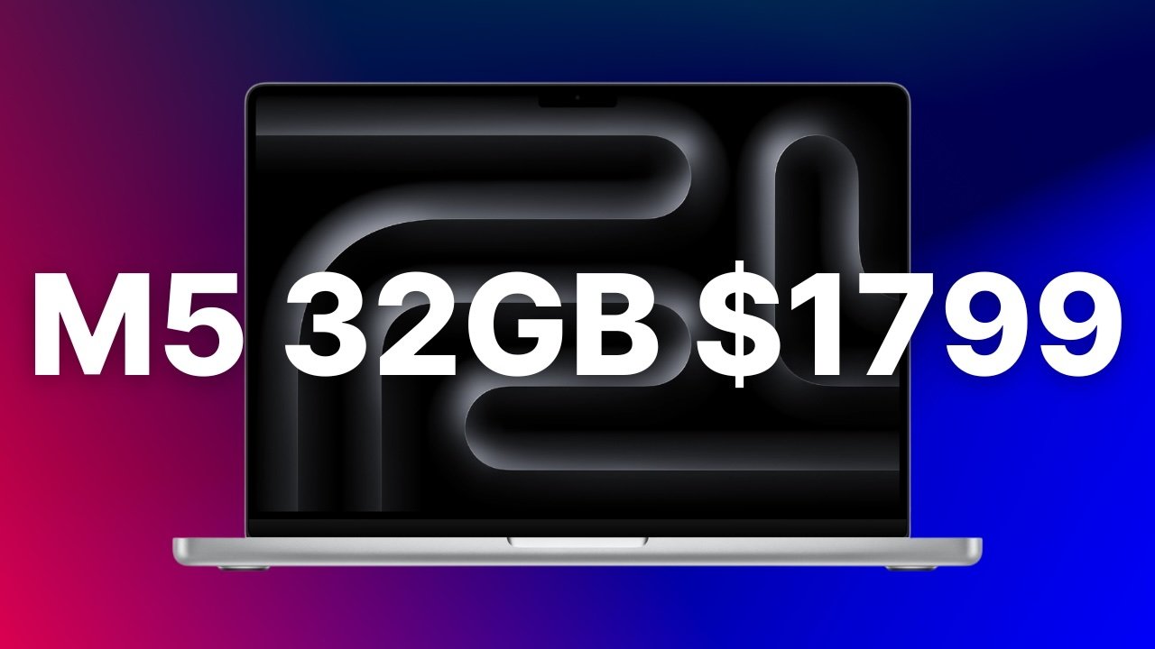 MacBook Pro silver laptop with dark abstract screen pattern, large white text across display reading M5 32GB $1799 against a blue and magenta gradient background
