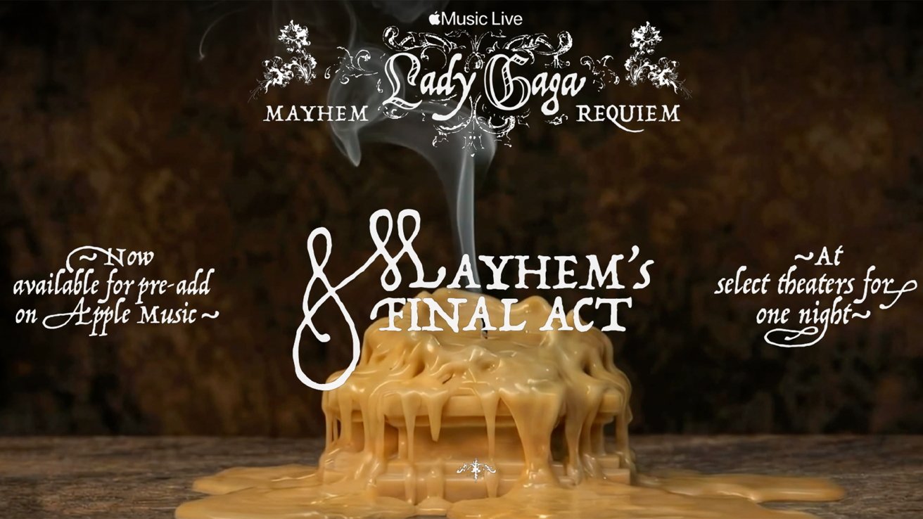 Melting candle forming a wax-covered pedestal with smoke rising, overlaid ornate text promoting Lady Gaga Mayhem's Final Act Apple Music Live event, in select theaters for one night only
