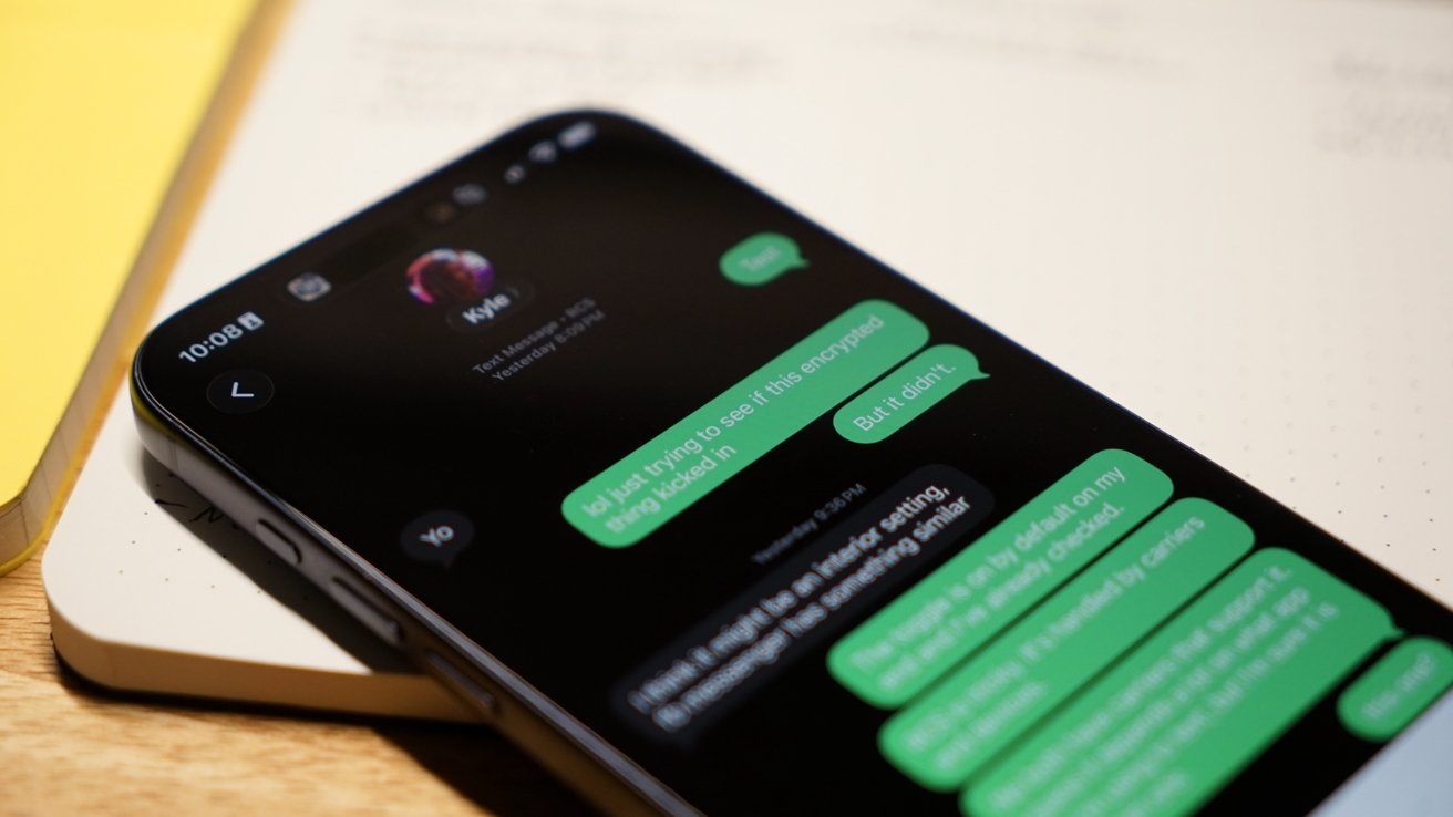 An RCS chat shown on an iPhone 17 Pro Max. One person says they're checking to see if the encryption is on, but it isn't.