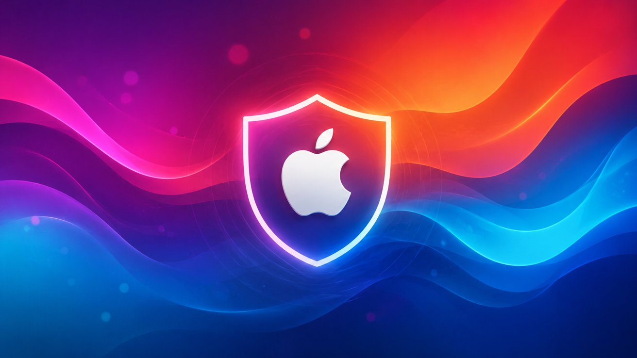 Glowing white Apple logo inside a bright shield over colorful flowing waves of pink, purple, orange, and blue on a dark background, suggesting digital security or protection branding