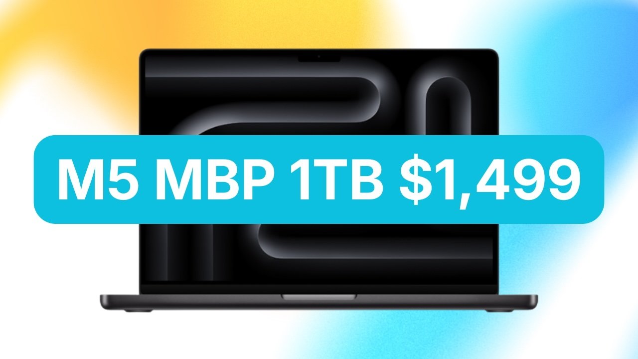 Open MacBook Pro laptop in Space Black, overlaid by a bright cyan banner reading M5 MBP 1TB $1,499