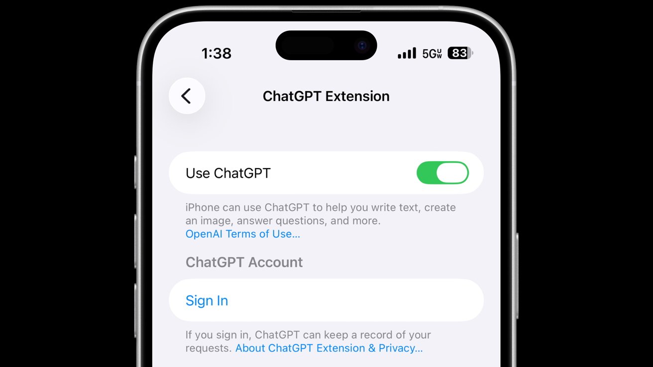 Close-up of an iPhone screen showing ChatGPT Extension settings, with Use ChatGPT toggle switched on and a prompt below to sign in to a ChatGPT account.