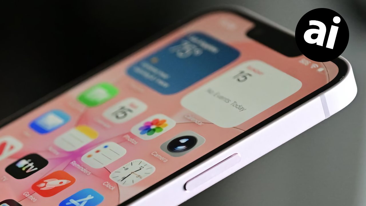 Close-up of a pink iPhone home screen with colorful app icons and widgets, showing weather, calendar, and clock, against a blurred dark background with a small ai logo in the corner