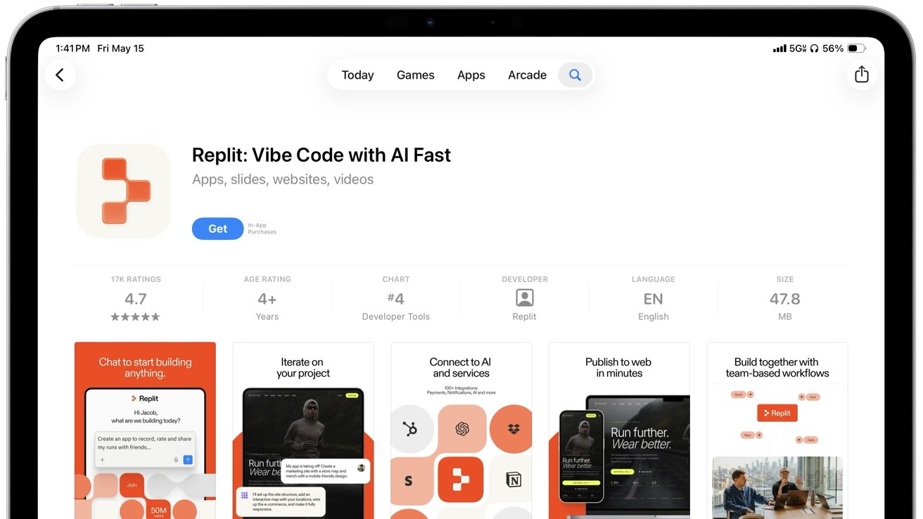 App Store page for Replit: Vibe Code with AI Fast, showing app icon, Get button, 4.7-star rating, details, and several preview screenshots highlighting coding, AI integration, and collaboration features