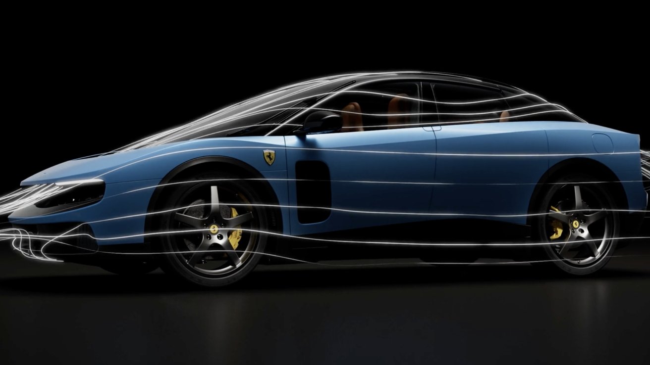 Blue sports car with Ferrari logo viewed from the side, shown in a dark studio, surrounded by white airflow lines illustrating aerodynamics over its sleek body and wheels