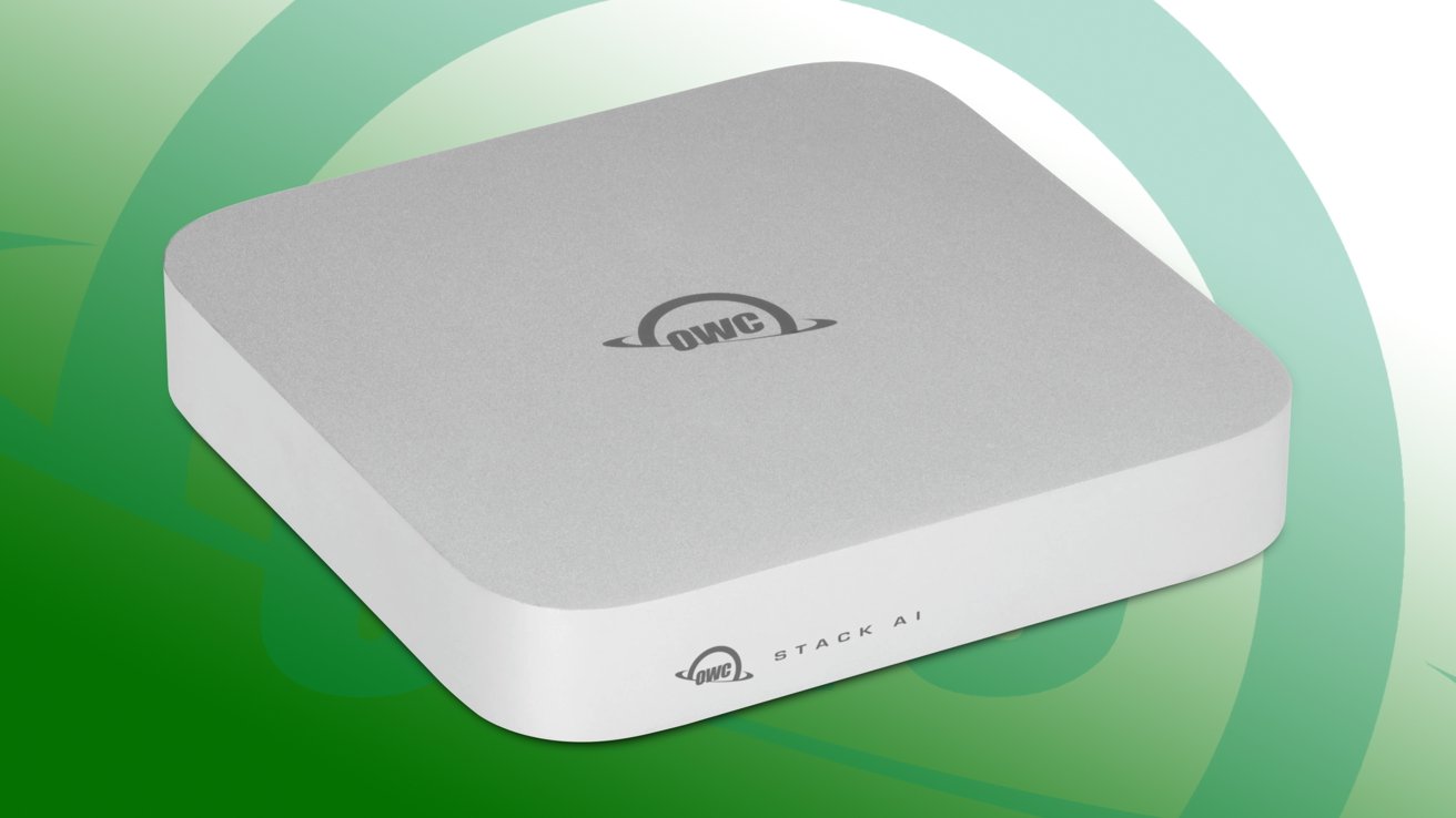 Small, silver, square OWC electronic device with rounded corners on a green gradient background, showing the OWC logo on top and minimal ports or labels along the front edge