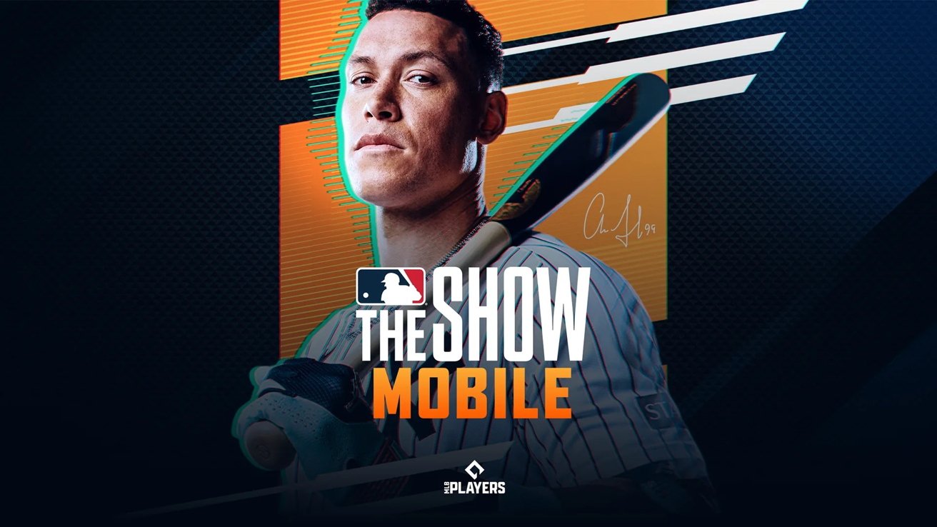 Baseball player holding a bat with MLB The Show Mobile logo in bold letters on a dark, stylized background with orange accents